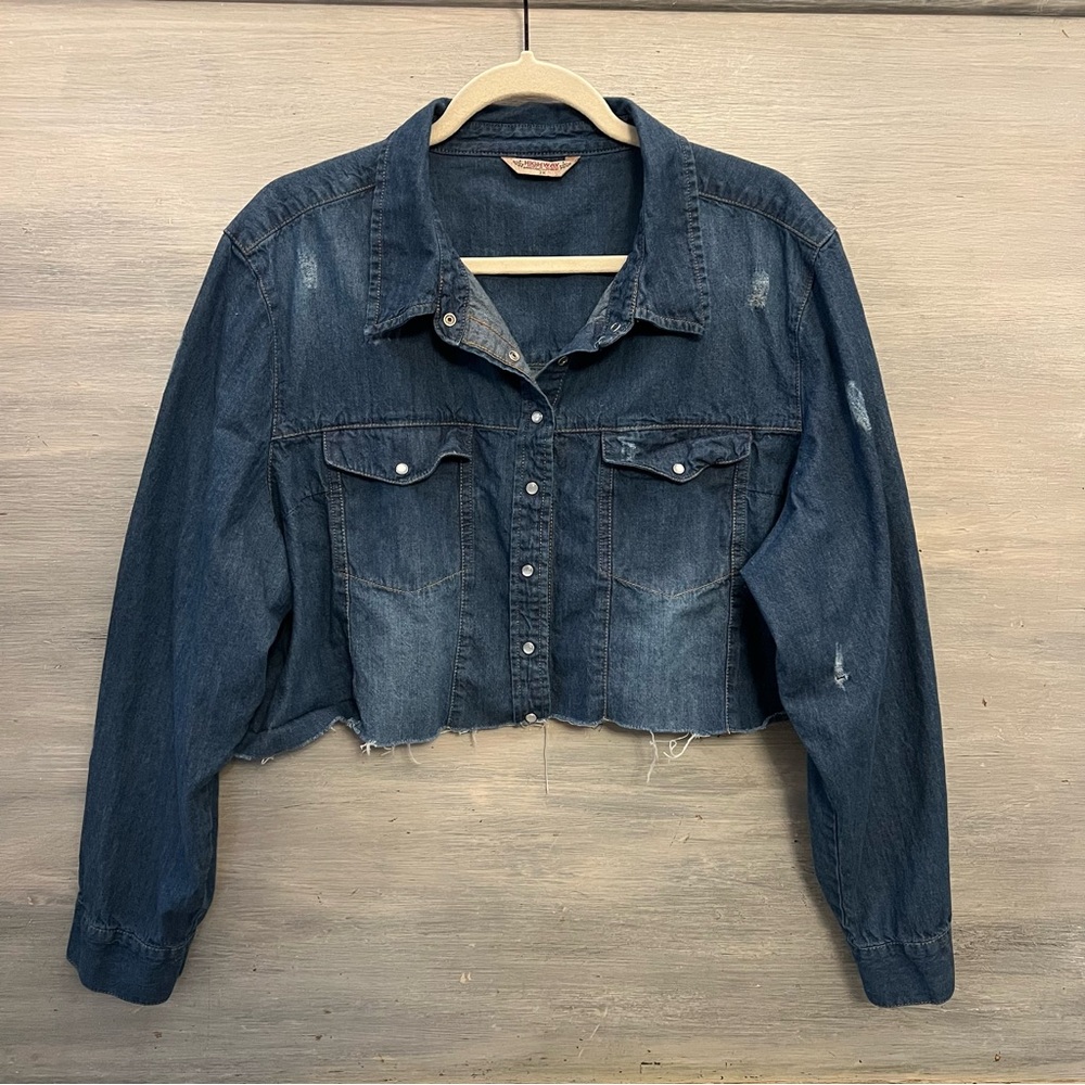 Highway Jeans Distressed Dark Blue Cropped Denim Jacket
